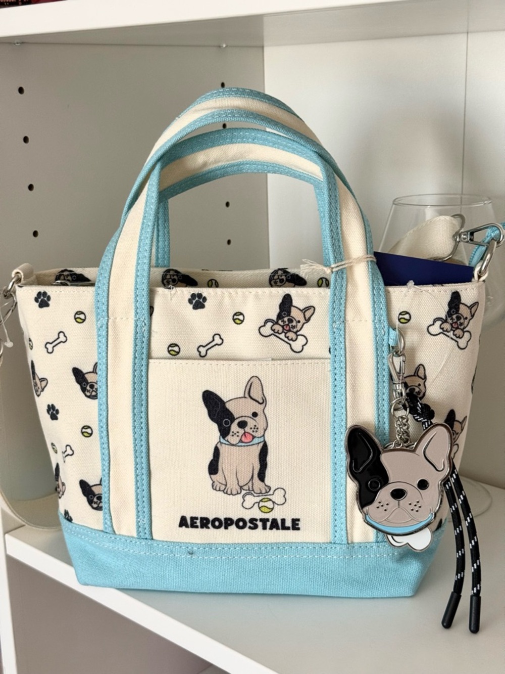 Aeropostale Cream & Light Blue French Bulldog Canvas Mini Tote - Picture 3 of 5